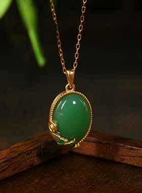 小红书爆款真金电镀镶祖母绿仿玉石兰花蛋面项链女国潮古风首饰