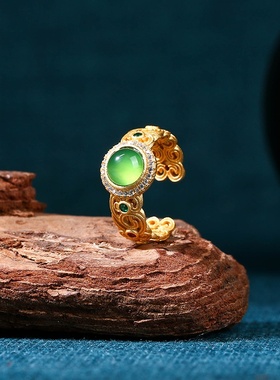 艾尔缘新中式碧玉国风纹饰镶石天然玉髓戒指轻奢感复古指环女