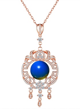 2021冬季新款国潮配饰18K电镀玫瑰金镶嵌二代蓝珀琥珀流苏项链女