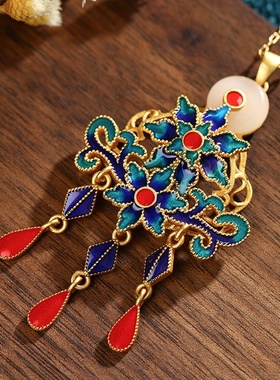 景点地摊热卖中国风珐琅滴釉工艺仿和田玉流苏项链如意平安锁挂坠