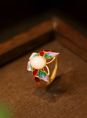 新中式轻奢国潮滴釉珐琅渐变蝴蝶蕾丝边设计感华丽气质食指戒女