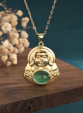 民族风配饰古法镀金弥勒佛像男女款佛公玉坠玛瑙大肚佛无事牌项链