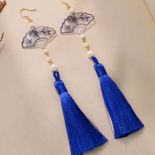 新中式国风水墨扇子流苏团扇扇坠汉服旗袍香包穗子纯手工耳环耳饰