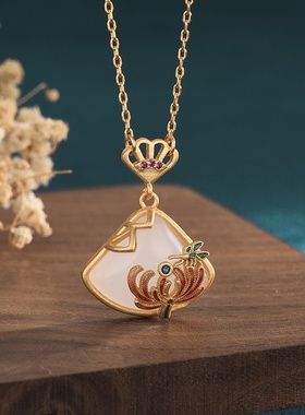 艾尔缘首饰直播供货宫廷风小裙子吊坠镶嵌合成和田玉扇子复古项链