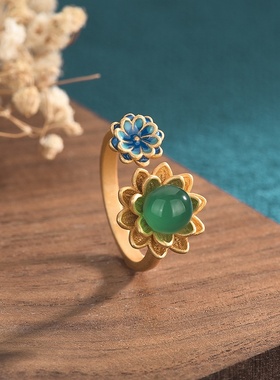 网红直播带货中国风古装旗袍手饰珐琅工艺莲花玉髓玛瑙复古戒指女