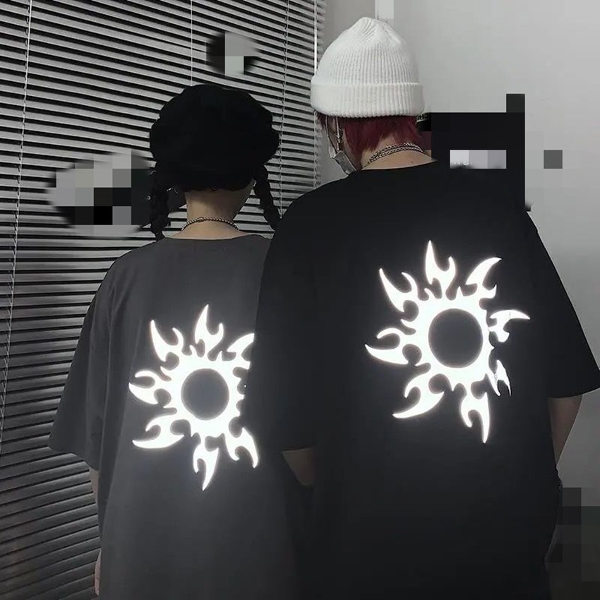 复古原宿bf风情侣装反光INS暗黑高街宽松简约T恤男女学生班服上衣