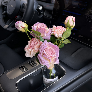 法式 饰摆件中控台水杯架车载花束 油画焦边仿真玫瑰车内饰品汽车装