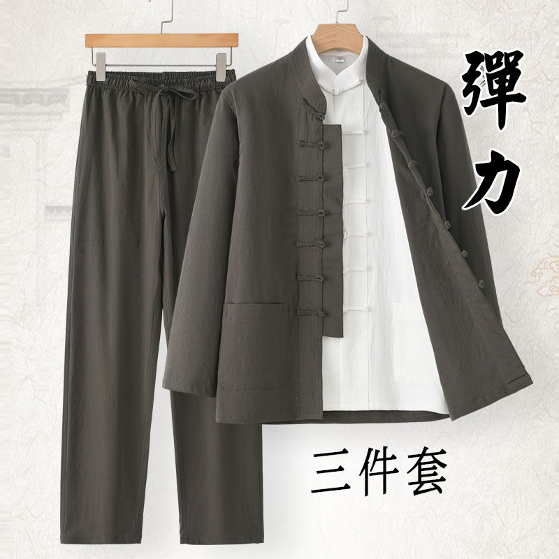 中国风男装长袖套装男士唐装中老年休闲复古太极服棉麻禅修服复古