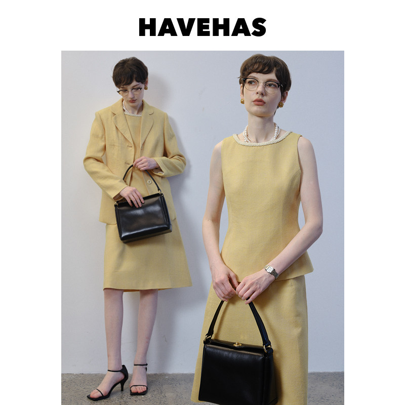 HAVEHAS一颗柠檬 复古人字纹100羊毛短西服外套/背心/小A半裙套装