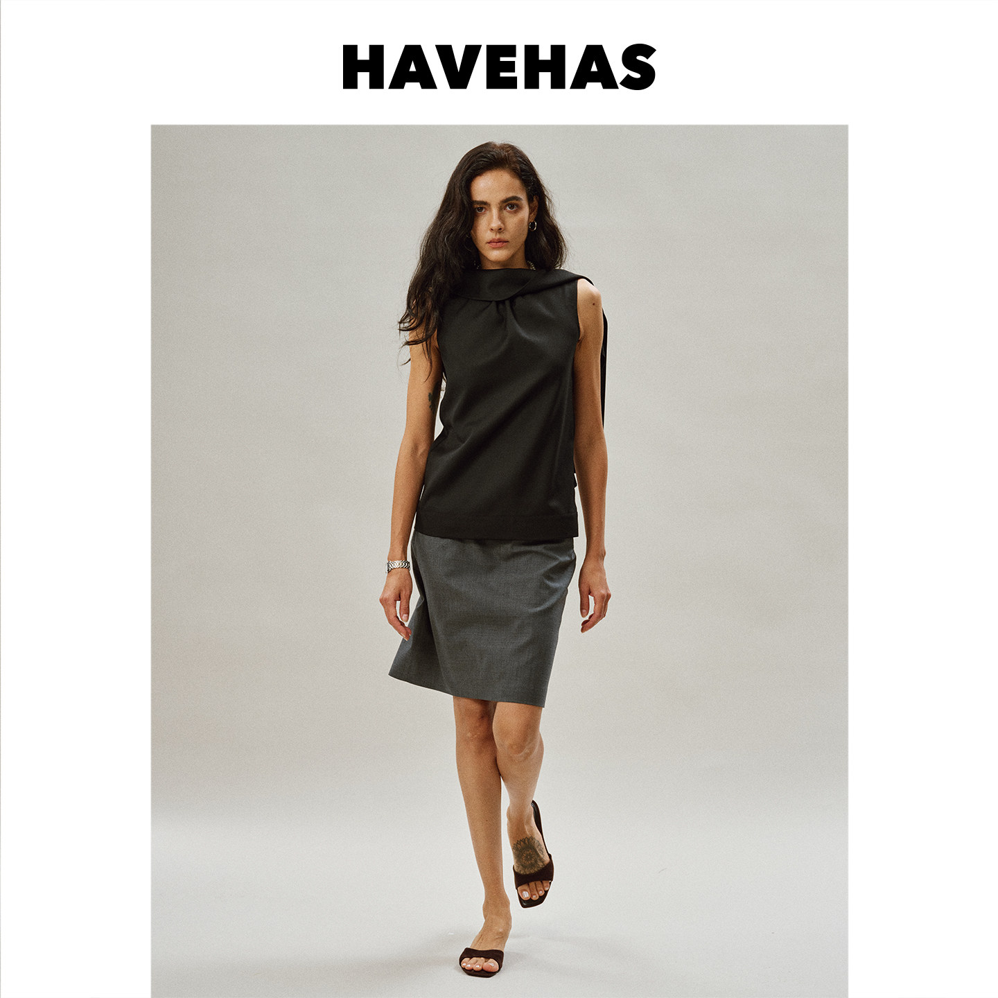 HAVEHAS Softfit高智精英时髦通勤设计感无袖短上衣/一步裙 - 实物图