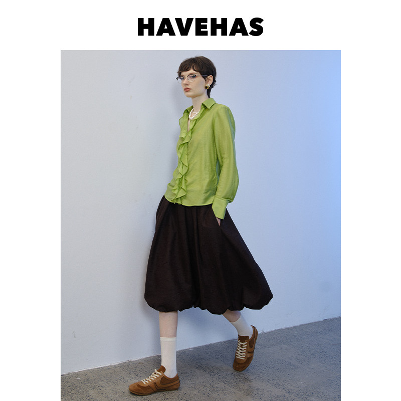 HAVEHAS绿野棕迹 真丝混纺法式浪漫花边衬衫/立体泡泡花苞半身裙图片