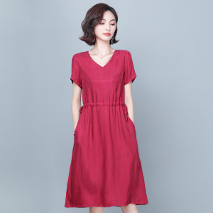 新款重磅真铜氨丝中长款连衣裙女过膝宽松收腰大码短袖夏装裙子