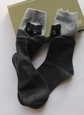可爱卡通猫咪中筒袜立体毛绒图案简约百搭纯棉舒适透气拼色堆堆袜