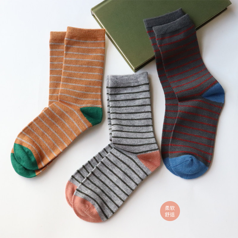 袜子女秋冬多彩条纹高品质兔绒中筒袜雅致拼色百搭条纹堆堆袜长袜