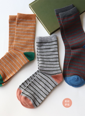 袜子女秋冬多彩条纹高品质兔绒中筒袜雅致拼色百搭条纹堆堆袜长袜