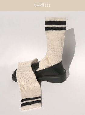 袜子女中筒白色春夏条纹棉袜日系设计款粗线女网眼长袜镂空堆堆袜