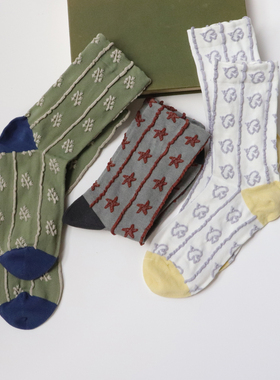 星星飞鸟棉袜女立体提花中筒棉袜复古文艺棉质百搭无骨堆堆袜长袜