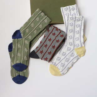 星星飞鸟棉袜女立体提花中筒棉袜复古文艺棉质百搭无骨堆堆袜长袜