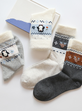 甜美卡通企鹅麋鹿费尔岛中筒袜女冬季保暖毛绒袜口无骨可爱袜子女