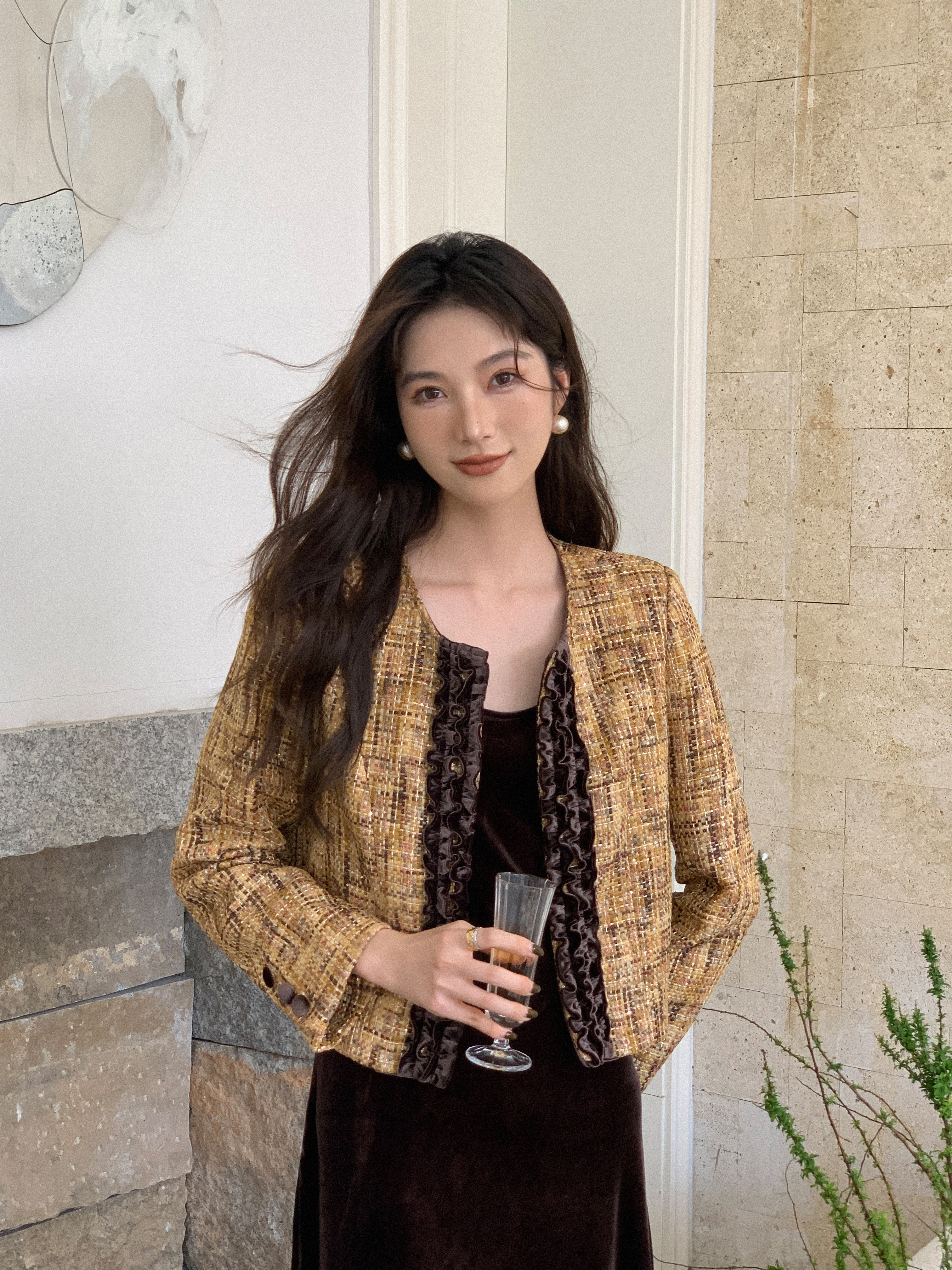 高定重工小众设计感拼丝绒小香风秋冬外套女宽松长袖气质韩版上衣