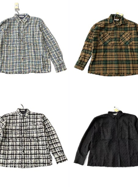 MNML raw edge flannel黑白千鸟格纹流苏毛边高街小香风衬衫外套