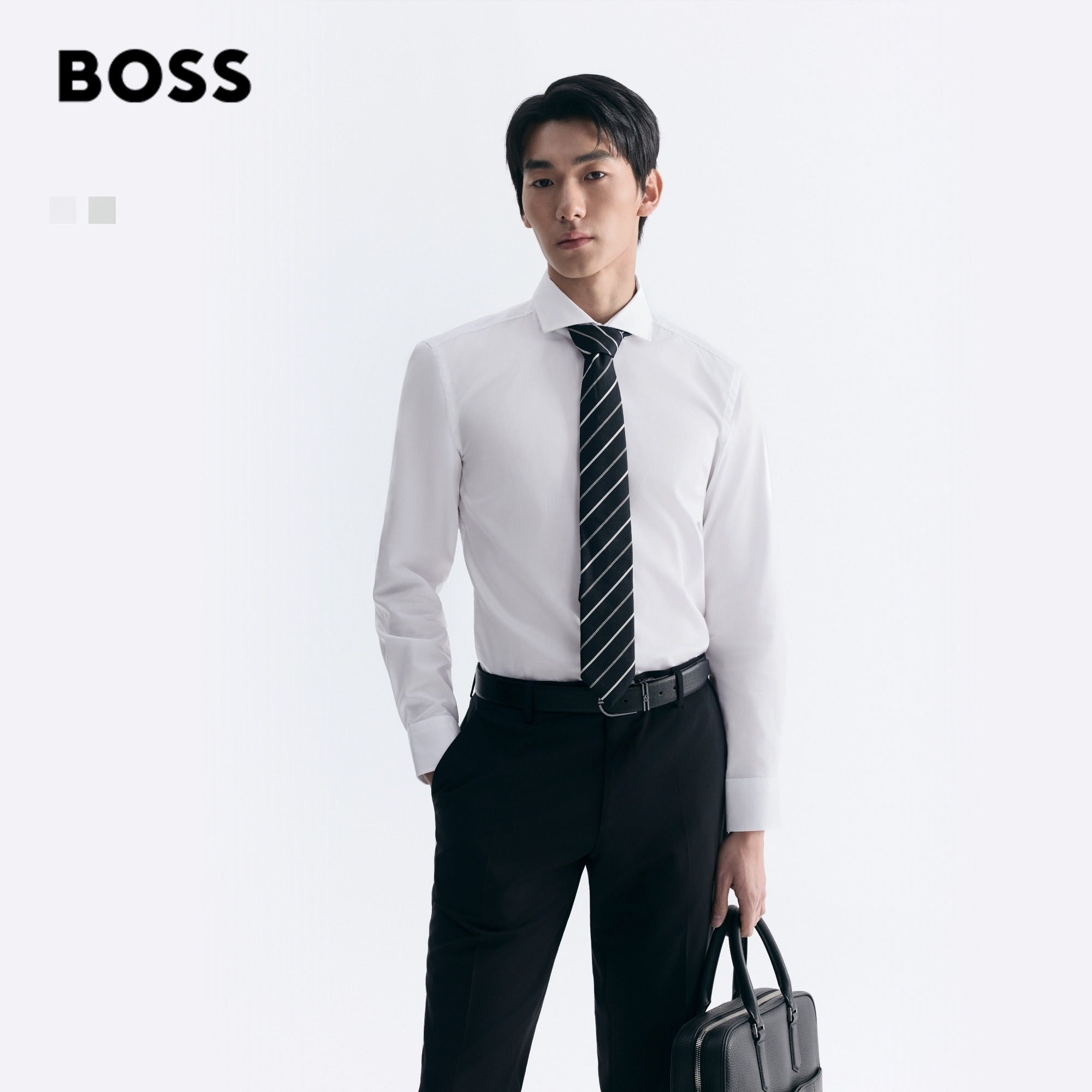 【垂感府绸】BOSS博斯26新款男商务正式挺阔100%棉白色修身衬衫