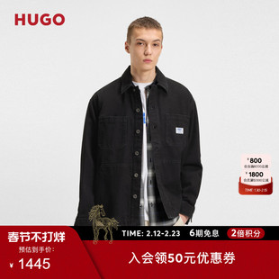 【100%棉】HUGO雨果 男士秋款黑色硬质牛仔宽松衬衫外套