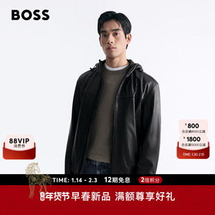 【羊皮革】BOSS博斯 男士26年春季新款羊皮革连帽皮衣