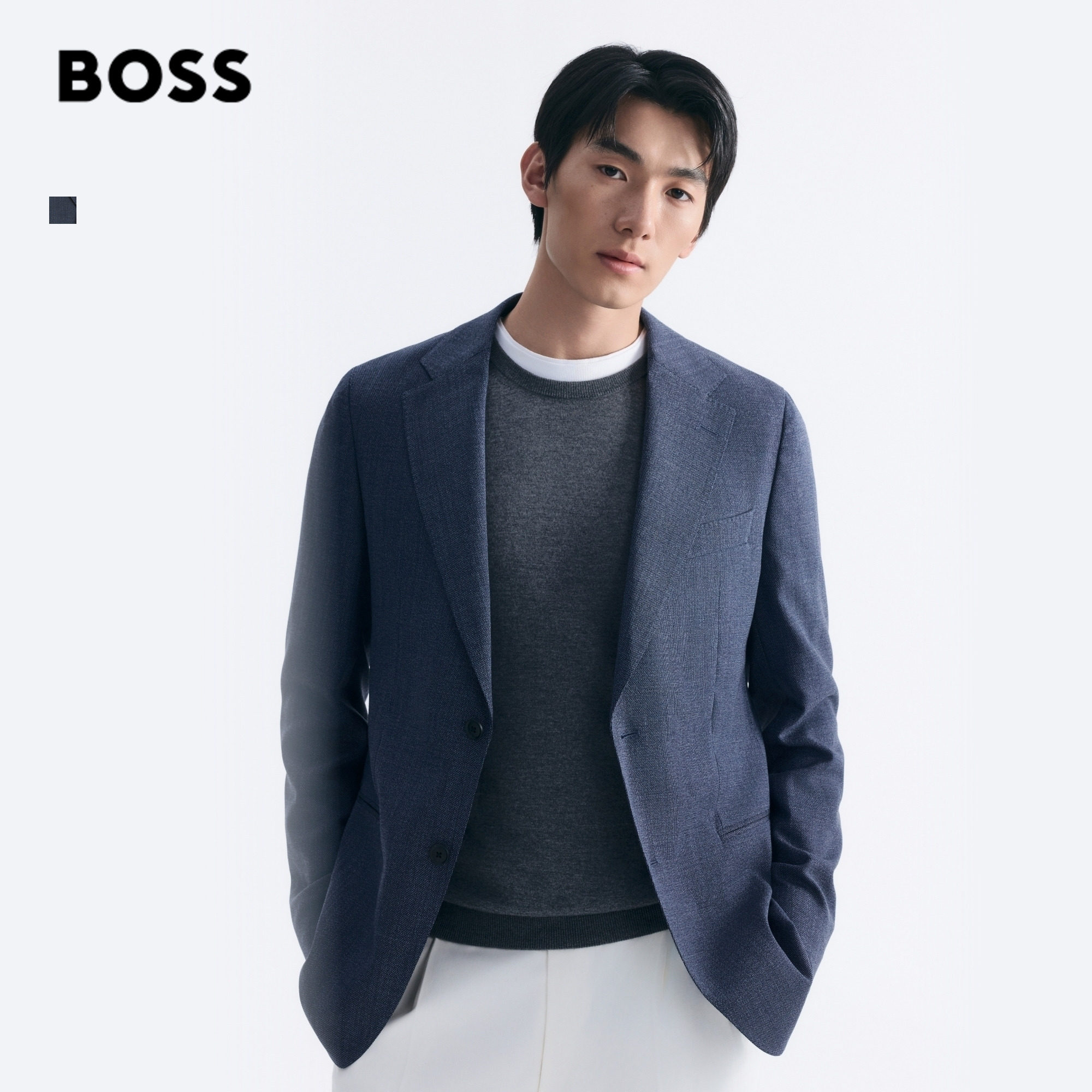 BOSS博斯 男士26年春季新款图案弹性羊毛混纺修身版型西装外套