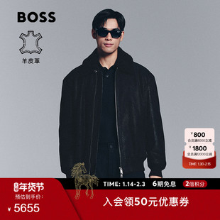 【羊皮革】BOSS博斯 男士冬款可拆卸领子宽松飞行员夹克皮衣