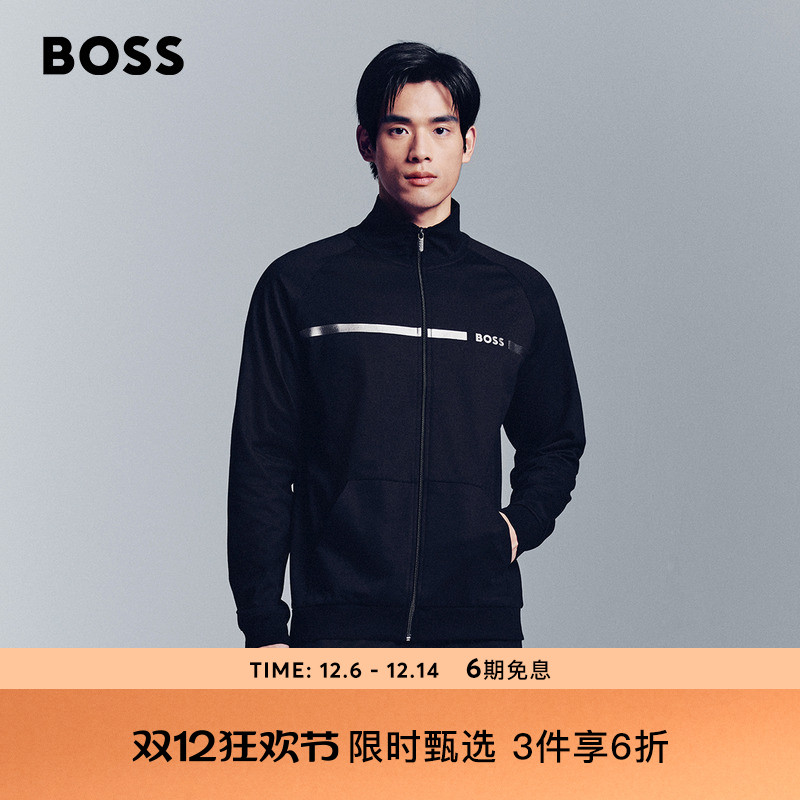 【100%棉】BOSS博斯 男士25年冬款条纹和徽标装饰棉质毛圈布卫衣