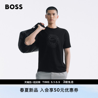 BOSS博斯26夏新款男女棉质网球艺术图案Logo平纹针织多色短袖T恤
