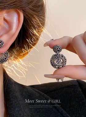 黑色双面镂空圆形前后两戴耳环女法式百搭高级感耳钉轻奢气质耳饰