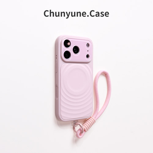 磁吸波浪纹适用苹果17pro手机壳新款女iPhone16pro带挂绳15promax高级感14pm保护套粉色液态硅胶13超好看外壳