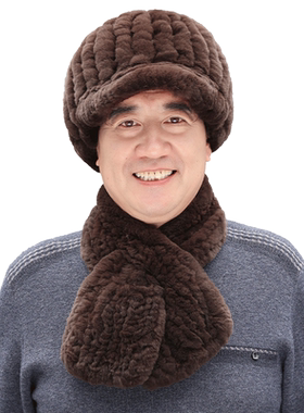 鸭舌帽男士冬季獭兔毛编织中老年人父亲爸爸加厚保暖皮草帽子围巾