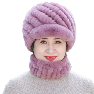 獭兔毛帽子女士冬季皮草老人韩版保暖加厚鸭舌帽妈妈中老年帽围巾