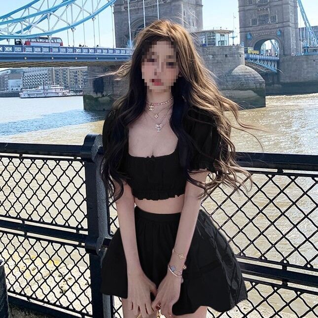 可爱洋气套装夏季显瘦新品花苞短袖U领上衣+蓬蓬半身裙女