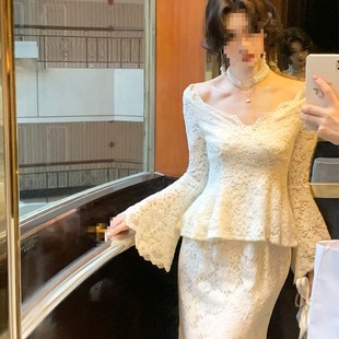 宫廷风法式 上衣女显瘦包臀鱼尾长裙两件套 v领白色花朵蕾丝喇叭袖