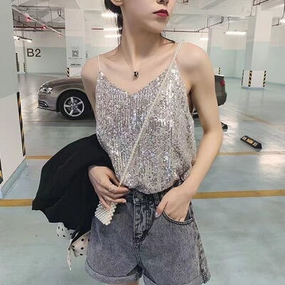 大码新款性感夏季闪闪刺绣亮片吊带背心短款宽松上衣外穿打底无袖