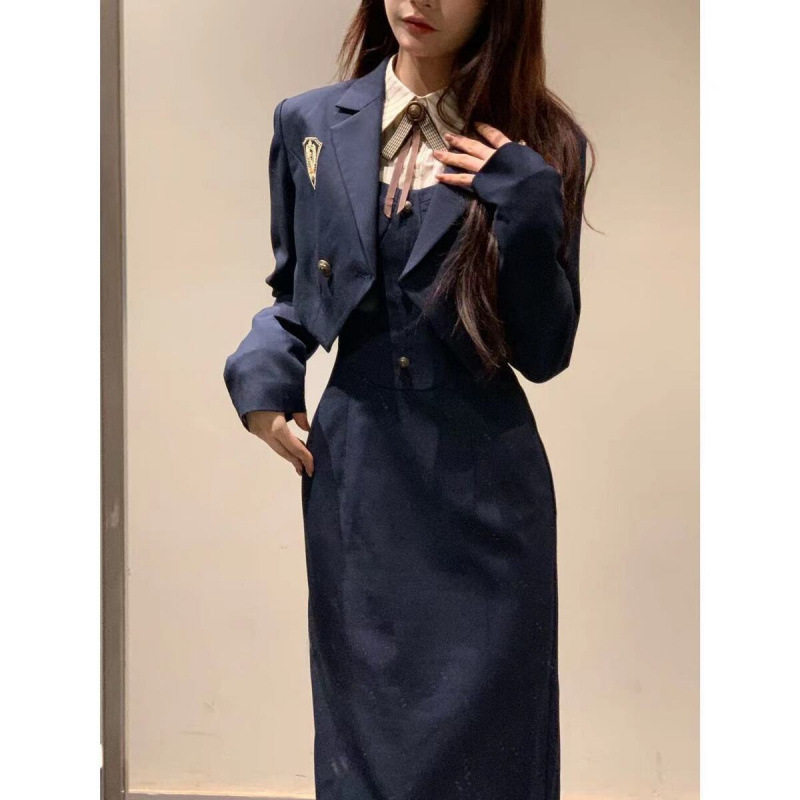 七颗虾滑【曼哈顿女校】美式学院掐腰显瘦背带连衣长裙西装短外套