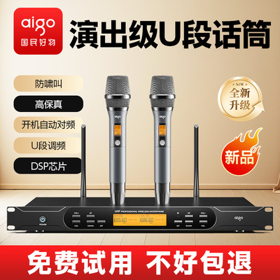 爱国者无线话筒一拖二U段调频防啸叫卡拉OK家用KTV麦克风专业级