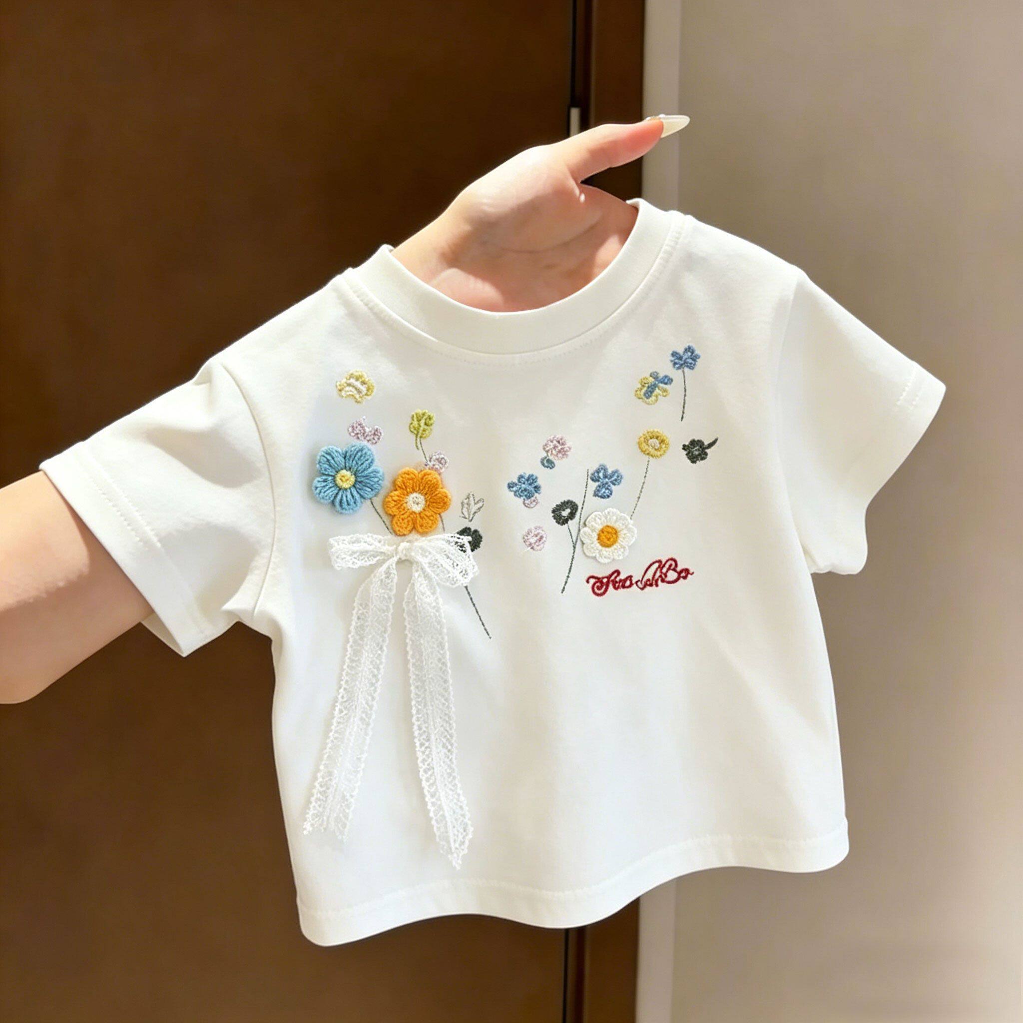 100%纯棉女童短袖T恤夏季花朵图案休闲风圆领杏色刺绣儿童上衣