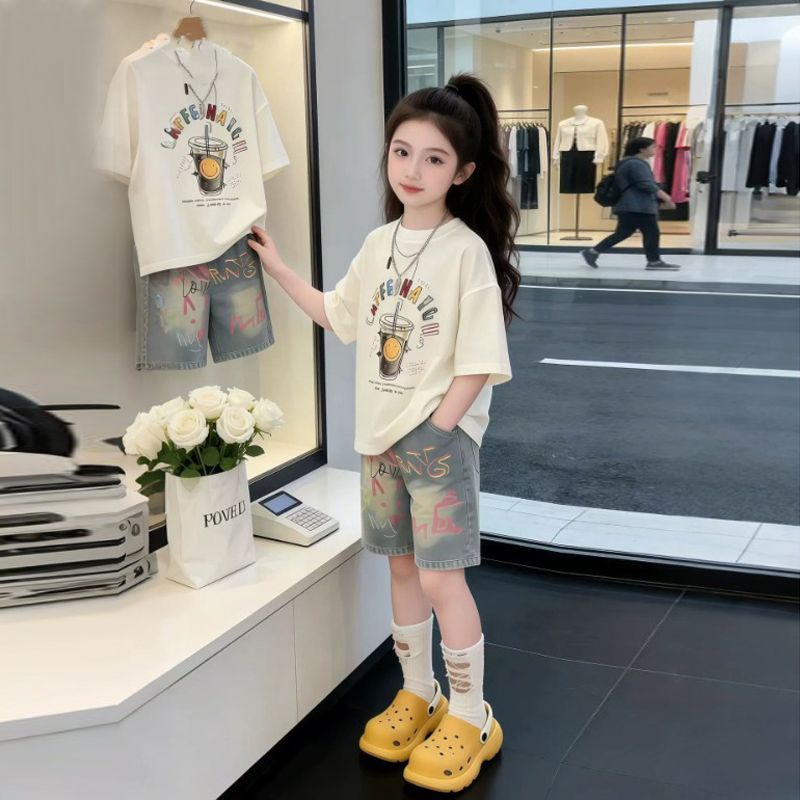 杏色牛仔裤圆领两件套纯棉女童