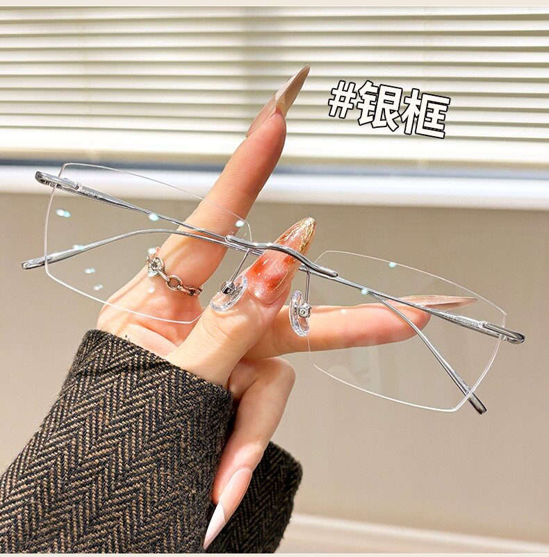 28161新款钛无框眼镜女近视可配度数无边框网红纯欲小方无边框架