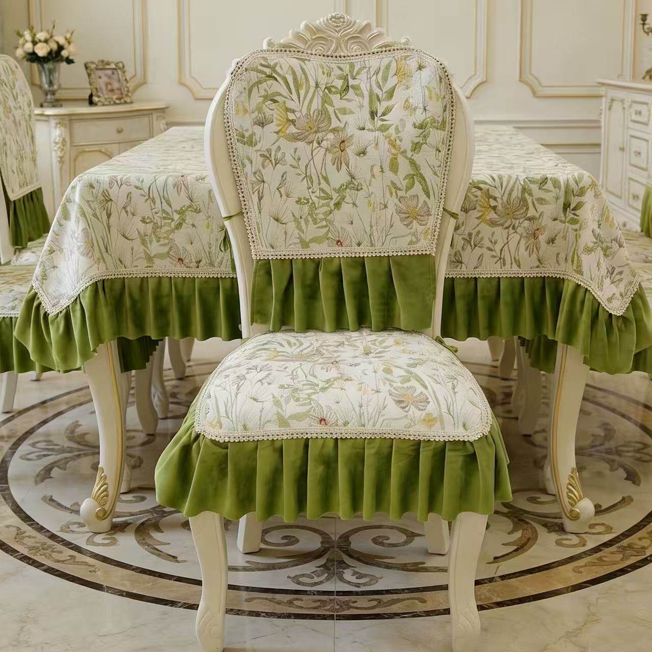 田园风格餐椅坐垫雪尼尔防滑椅子套装四季通用欧式餐椅垫椅套定做
