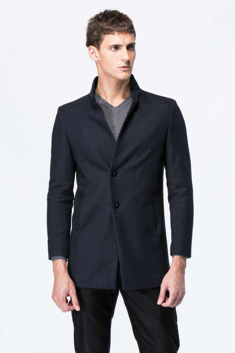 春秋男士商务休闲纯色修身中长款毛呢风衣防风保暖外套