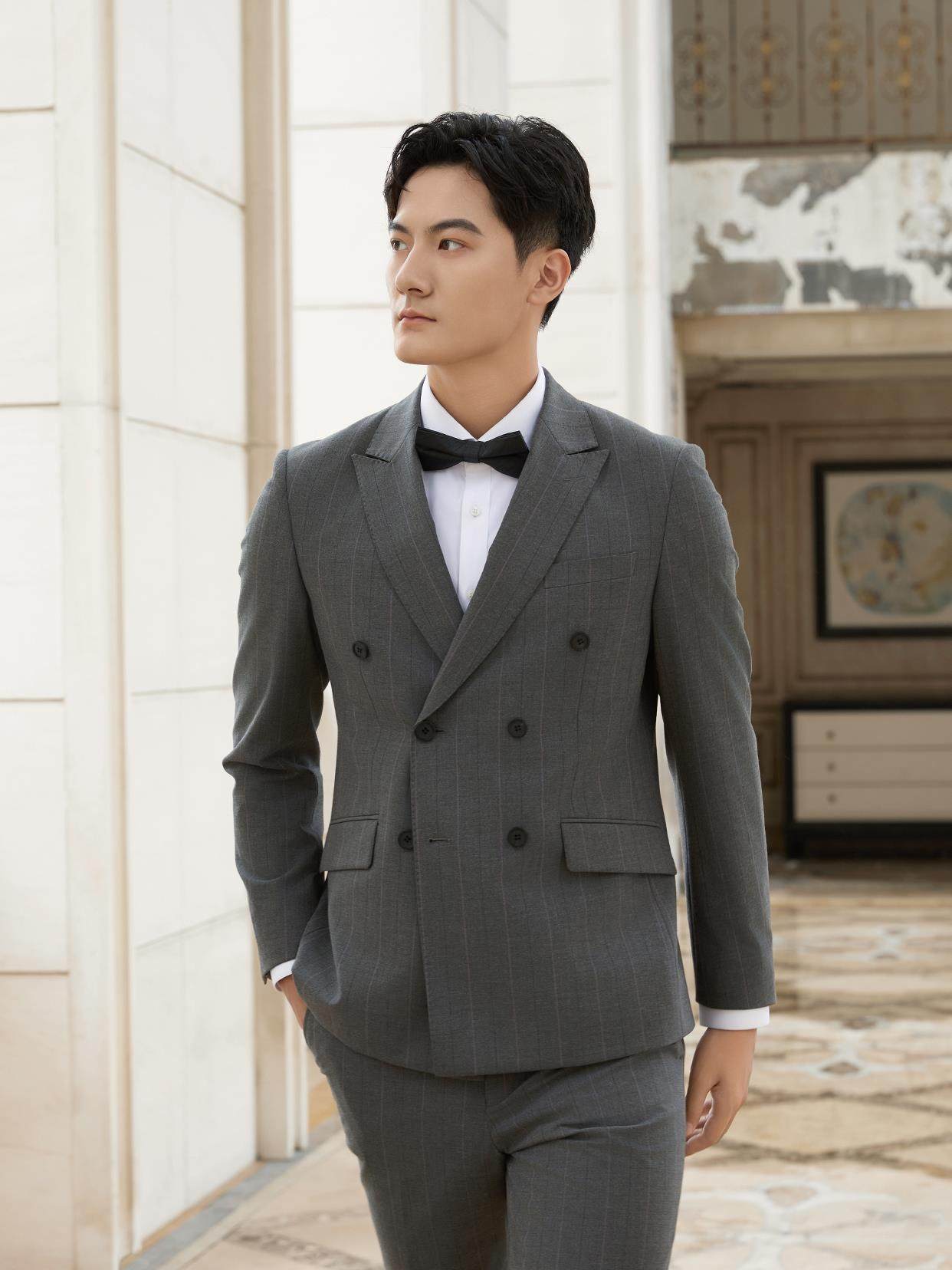 24QXF071SB春秋新款男士商务休闲时尚婚礼双排扣西服套装两件套