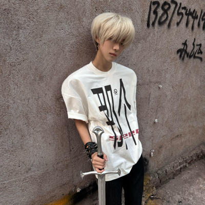 CHAOS 美式短袖高街男式t恤简约宽松潮牌艺术oversize斜肩hiphop