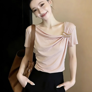 t恤女夏季 小个子甜辣妹 温柔风荡领钉钻短袖 法式