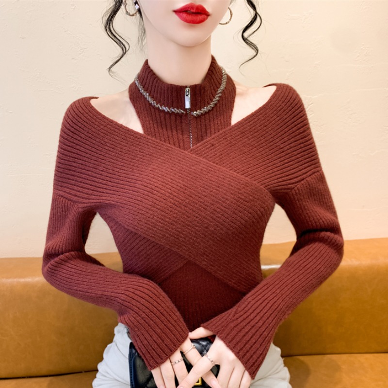 实拍2025新款秋冬懒高级感法式半高领钉钻针织毛衣女